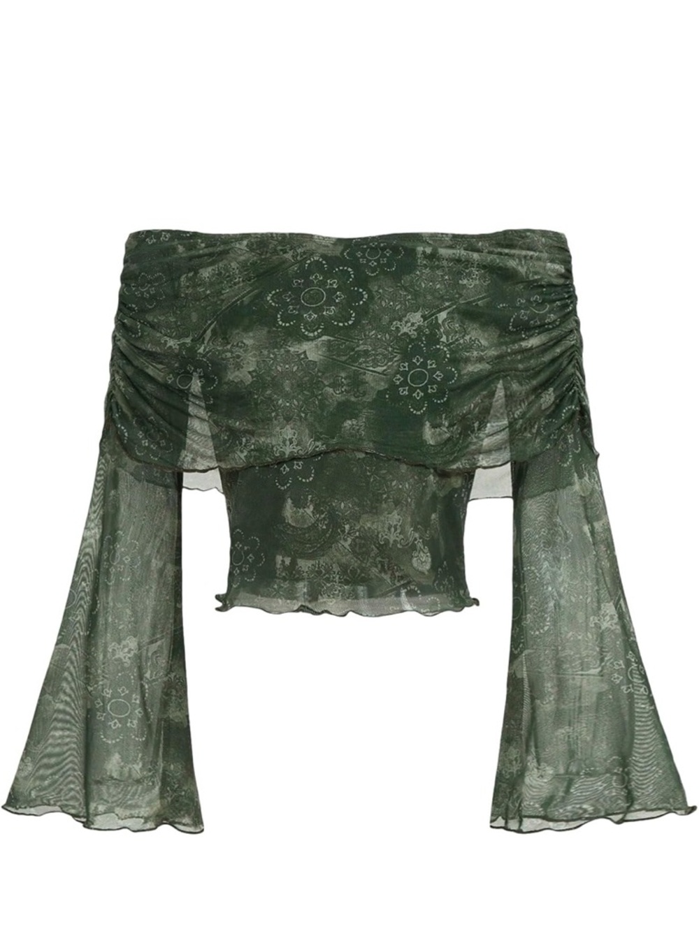 Off-Shoulder Green Floral Sheer Bell-Sleeve Top